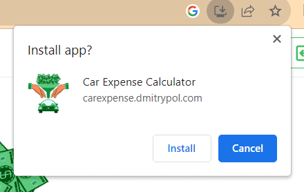 Promt in chrome to install car expense calculator website as an app